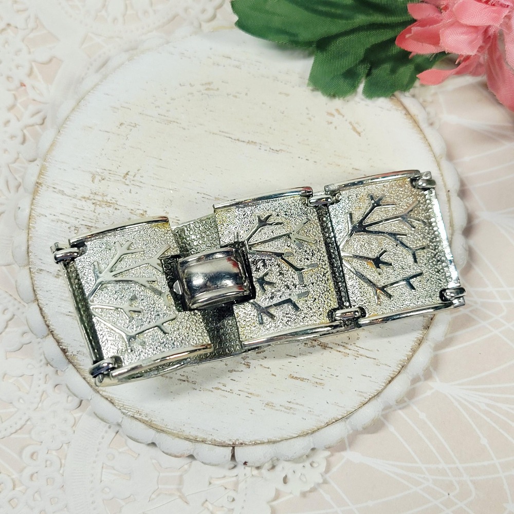 Vintage Coro Silver Tone Panel Bracelet Textured Branch Link Bracelet Signed - Picture 4 of 9